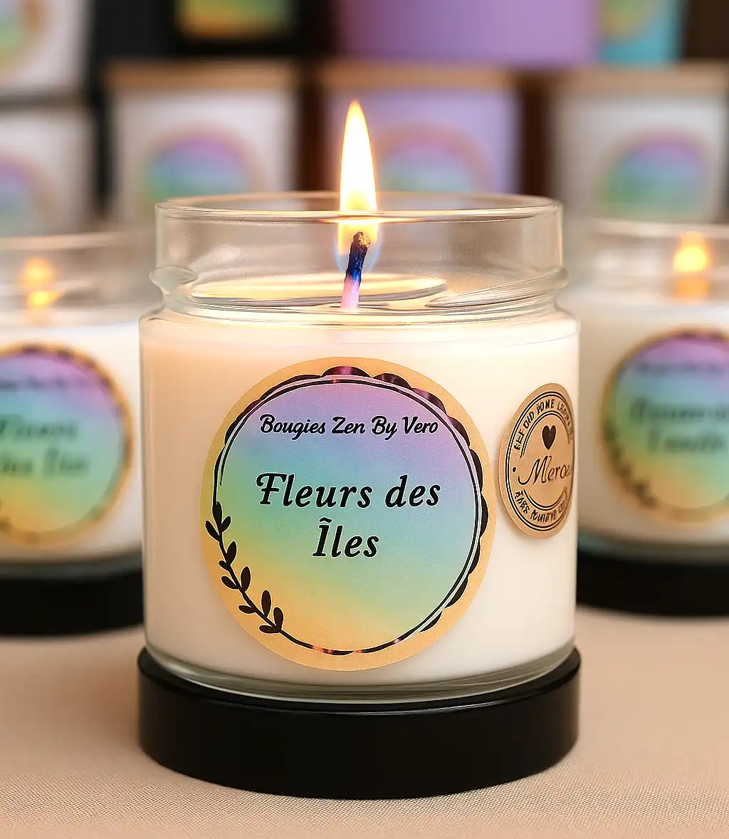 Bougie « Fleurs des Îles » allumée, étiquette arc-en-ciel Bougies Zen by Véro